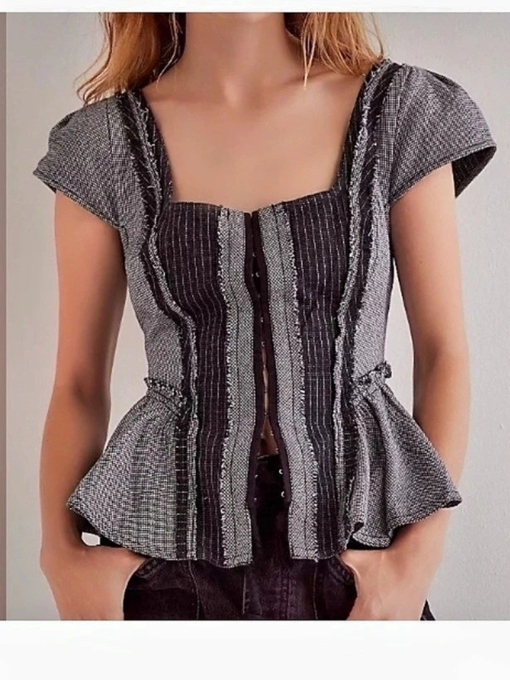 Free People We The Free Little Menswear Peplum Pinstripe Top Black White M